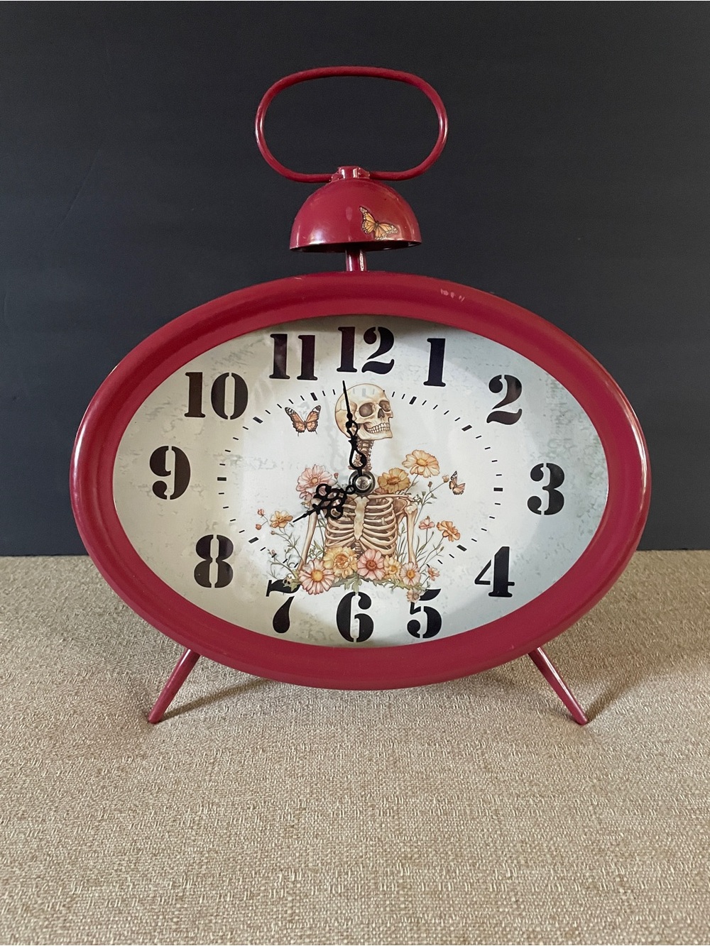 Red Vintage-Style Skeleton Floral Wall Clock - Handcrafted